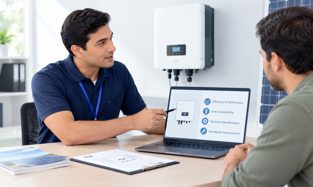 Solar dealer evaluating inverter technical requirements.