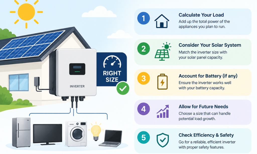 Solar hybrid inverter sizing based on household power needs and appliance load.