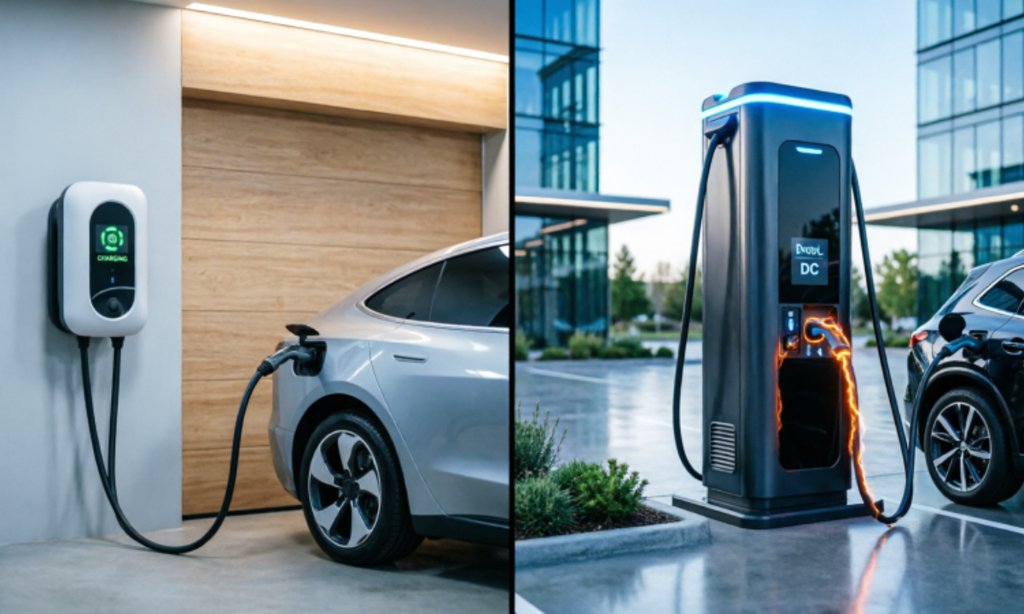 Side-by-side comparison of AC and DC EV charging.