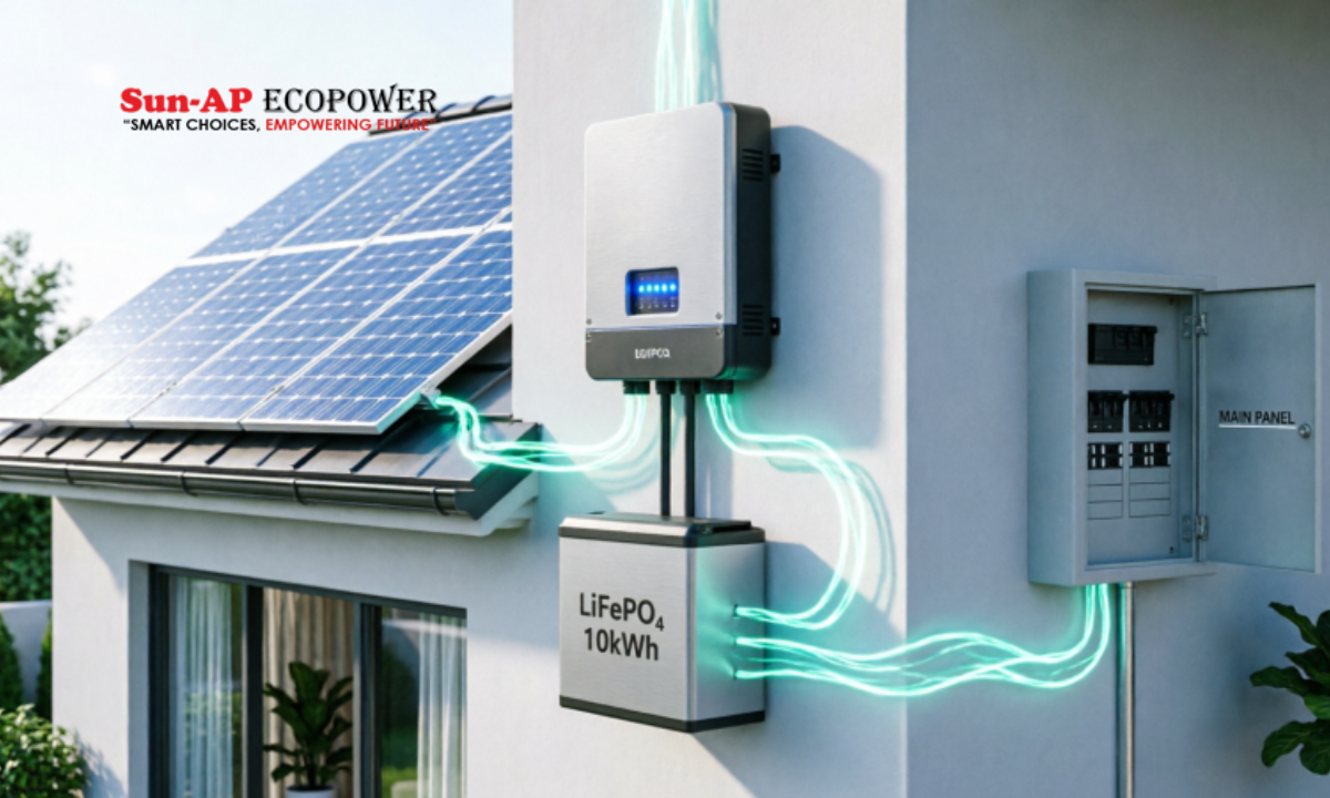 Diagram showing how to size a hybrid solar inverter, battery, and home load.