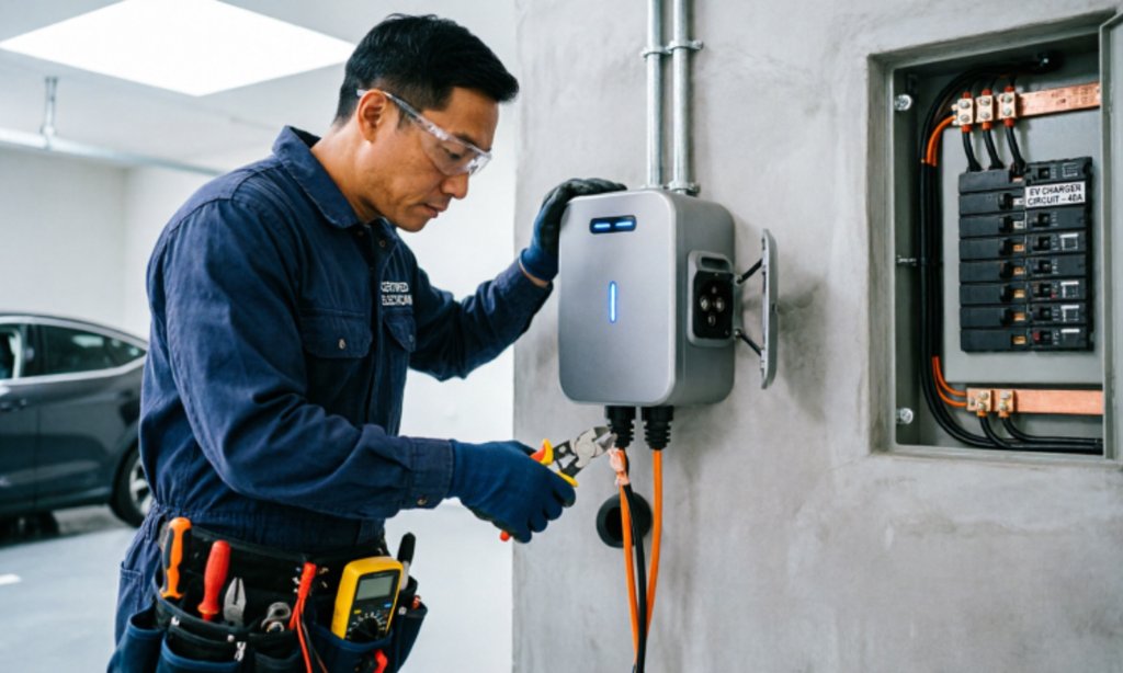 Certified electrician installing a modern home EV charger safely.