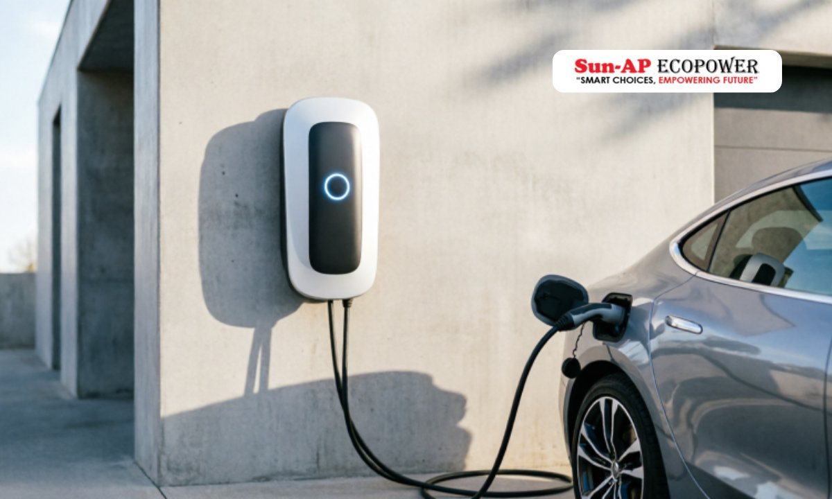 Panasonic EV charger connected to a car in a home garage.